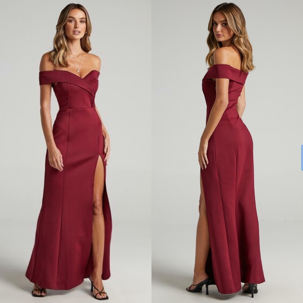 Wine Off Shoulder Thigh Slit Dress